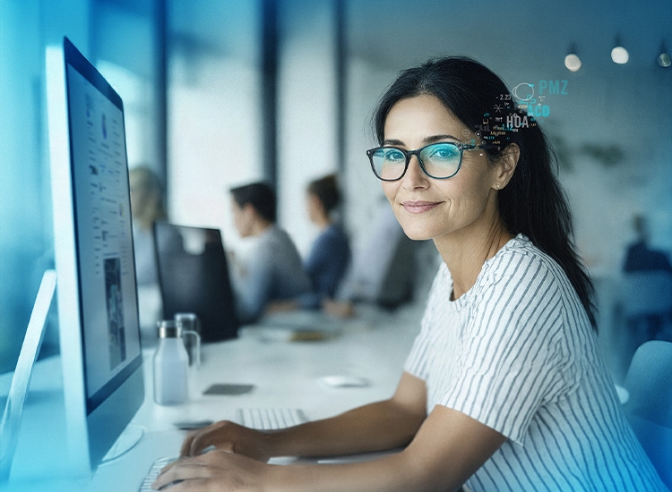 Una donna con lenti per occhiali Rodenstock è seduto a una scrivania davanti al computer